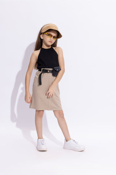 Sleeveless halter neck dress with belt and pouch - Black & beige