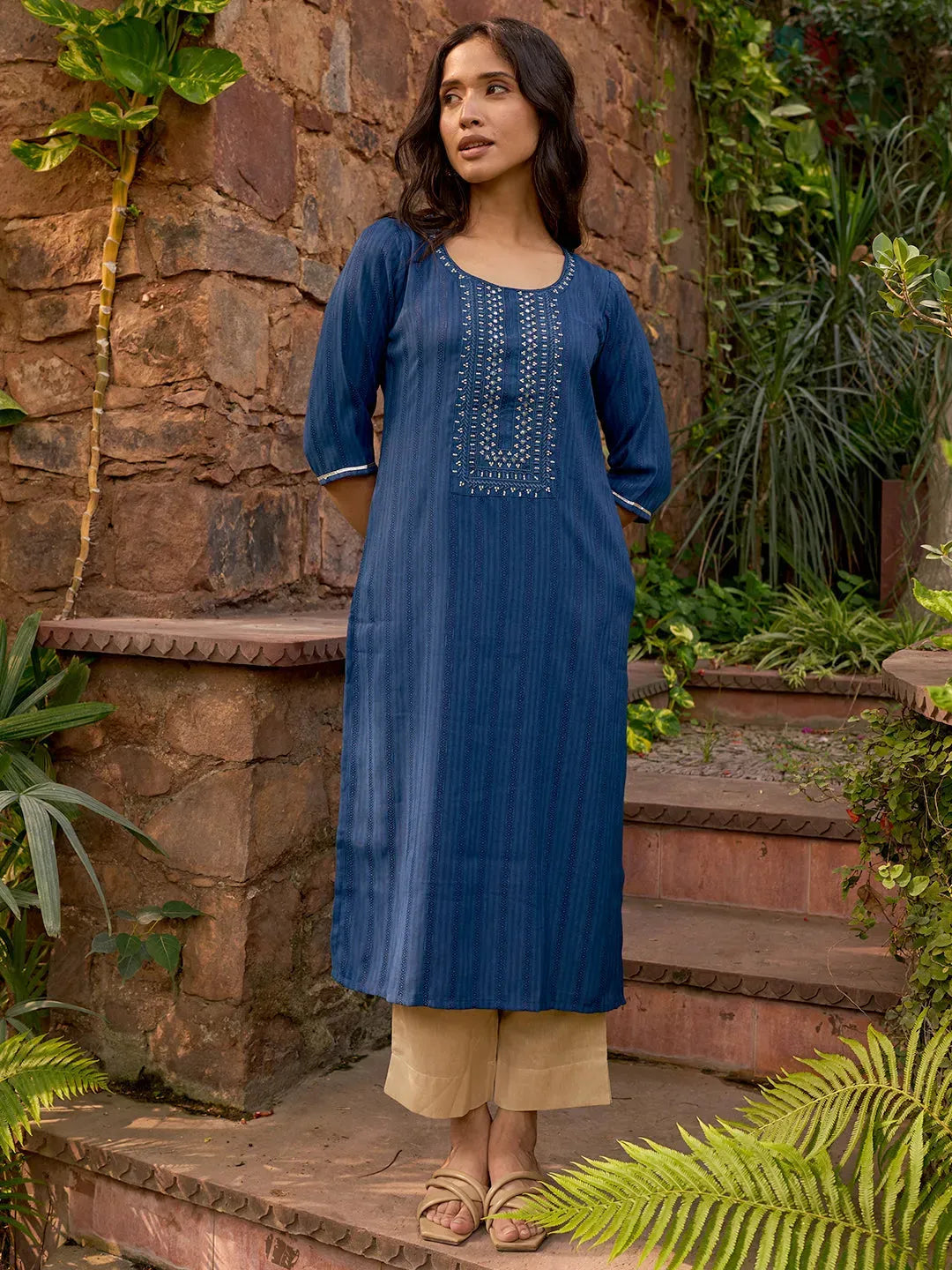  Blue Yoke Design Rayon Straight Kurta