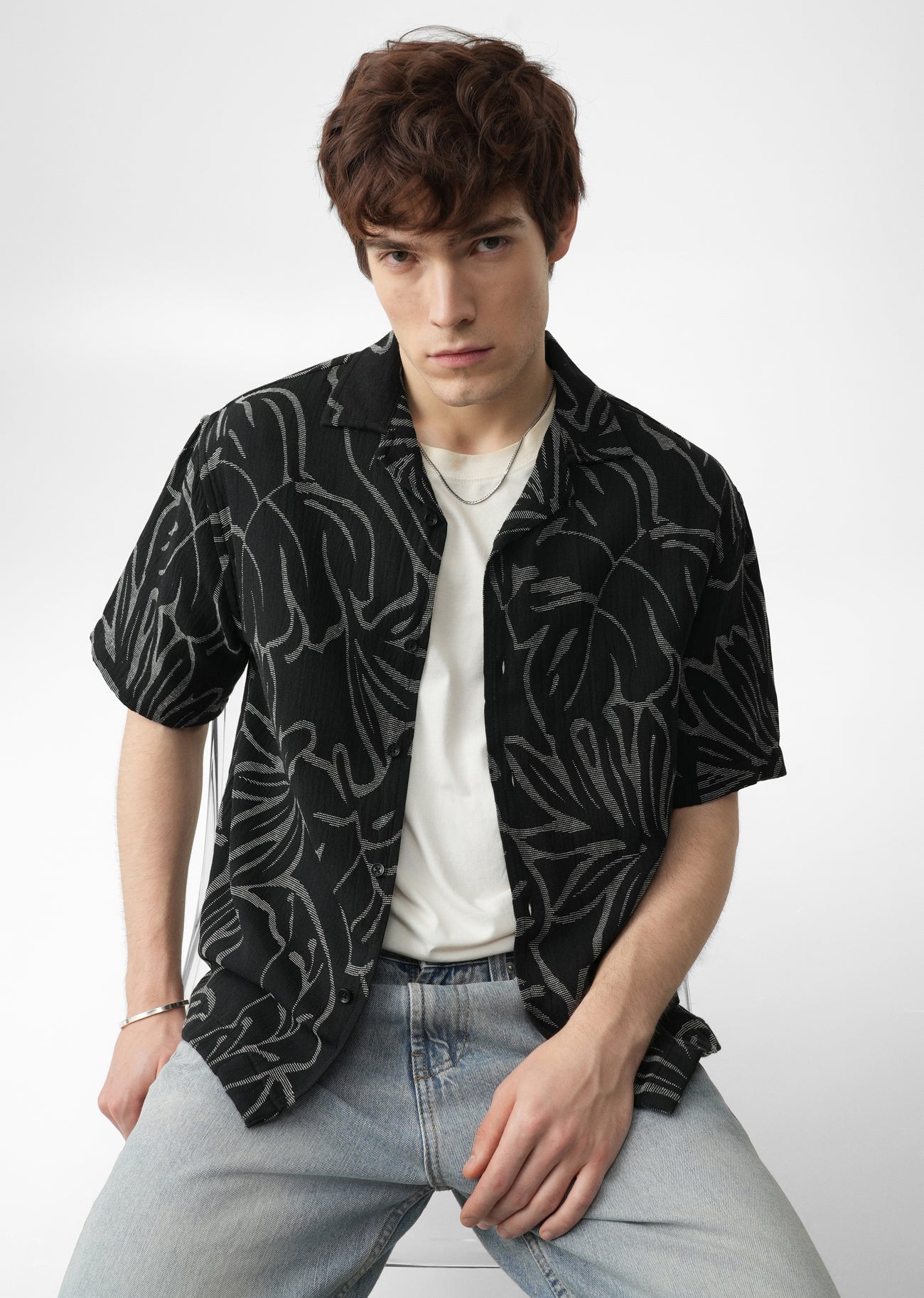 Grey Cotton Blend Floral Jacquard Shirt