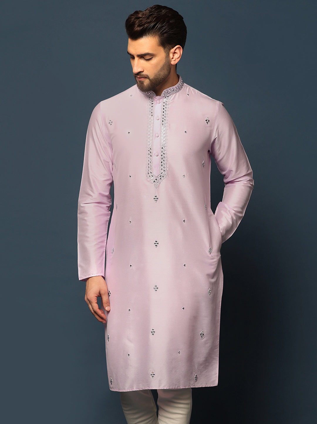 Men Lilac Mirror Work Embroidered Kurta (Set of 1)