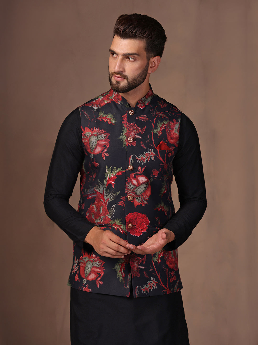 Men Black Printed Jacket (Set of 1)