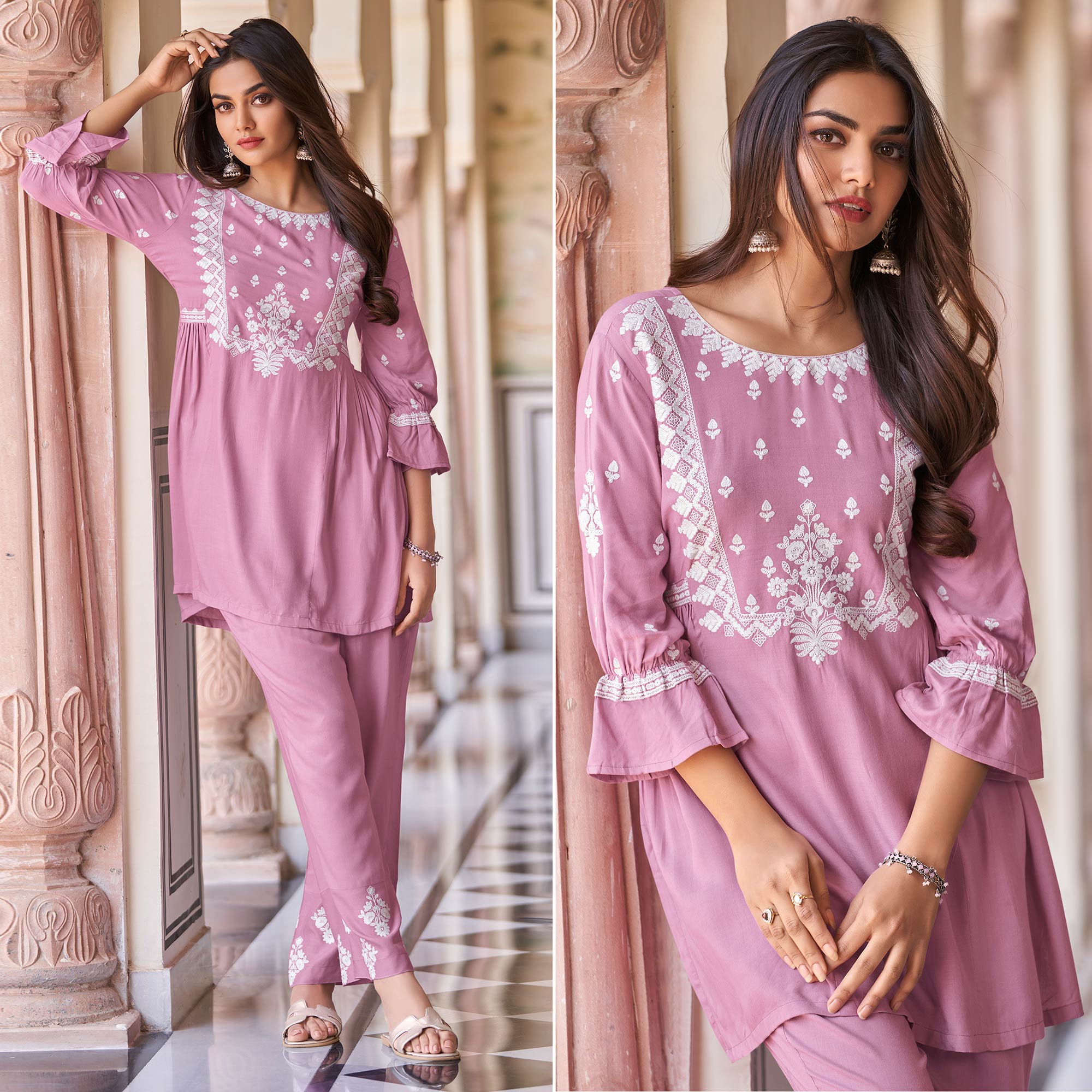 Light Pink Floral Embroidered Rayon C...