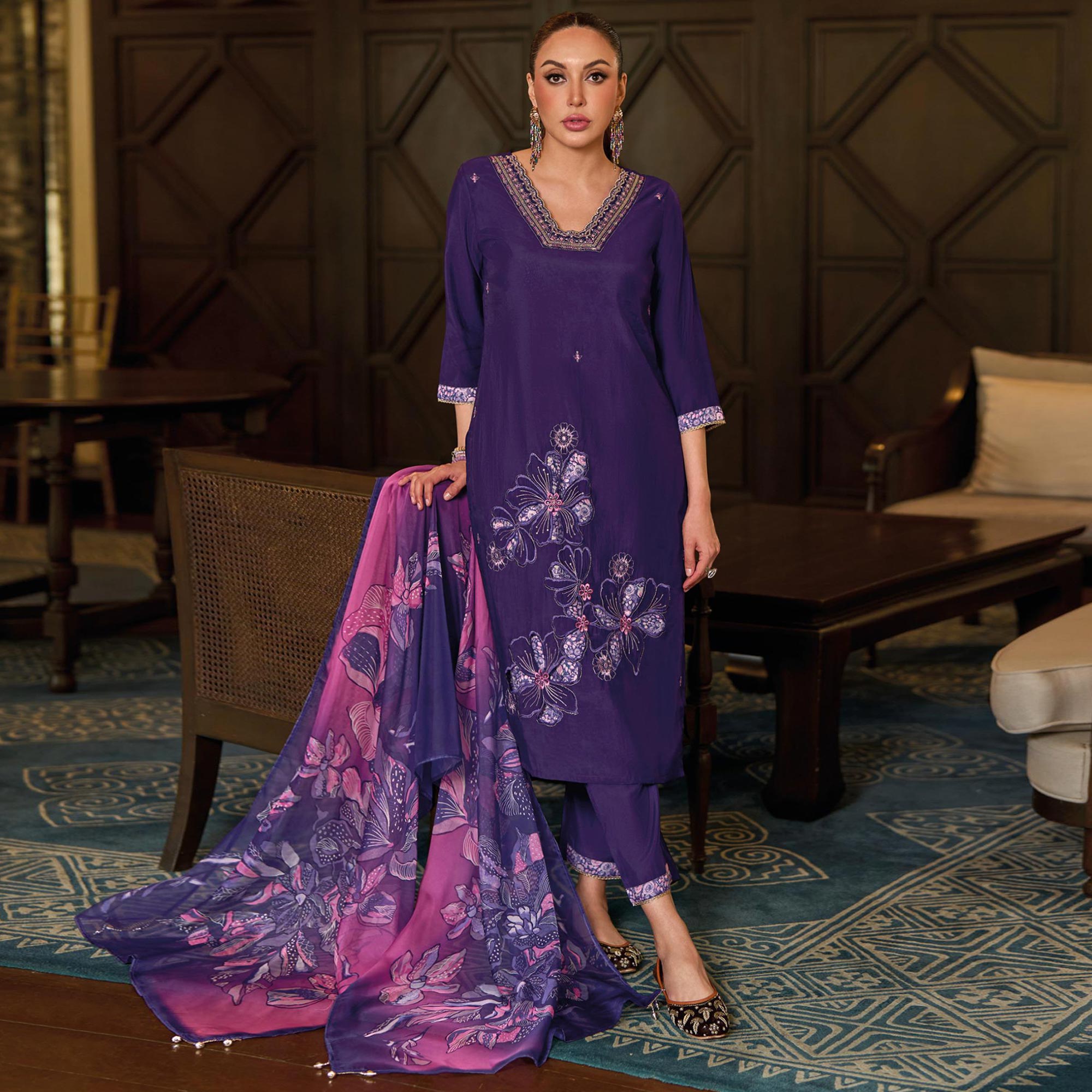 Purple Floral Handwork Embroidered Vi...