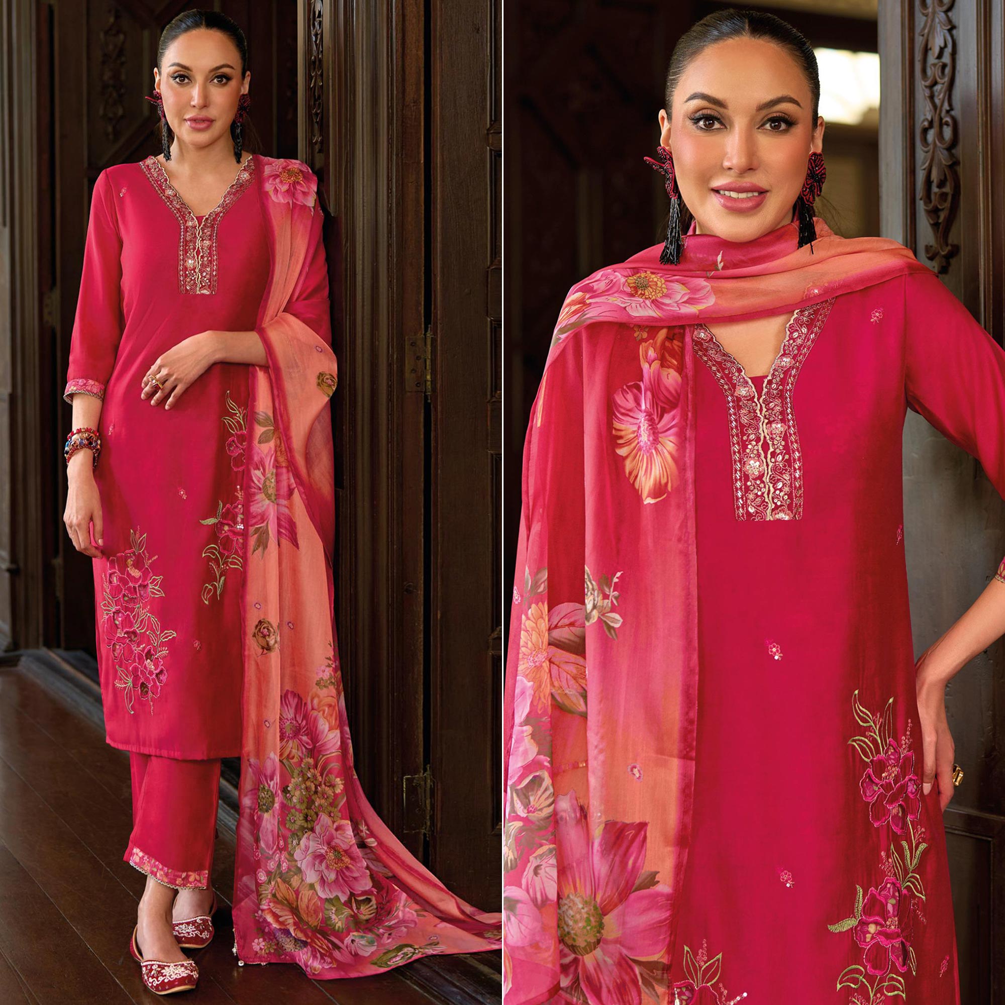 Pink Floral Handwork Embroidered Visc...